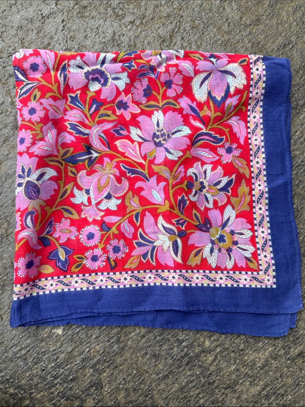 Yves Saint Laurent Red Floral Silk Scarf with Navy Border - Picture 4 of 9